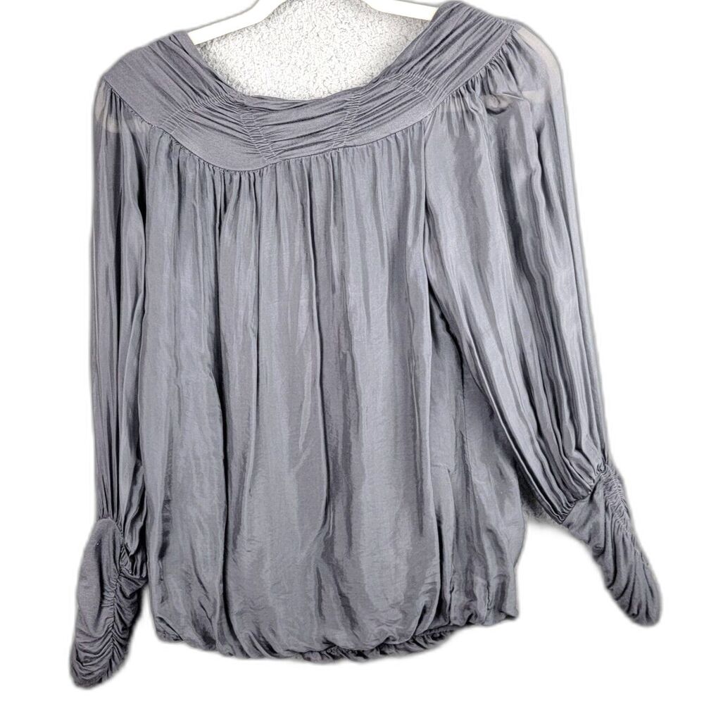 Dos Sena Milano Blouse Silver Gray S Made in Italy Silk Ruched Cuff Quiet Luxury